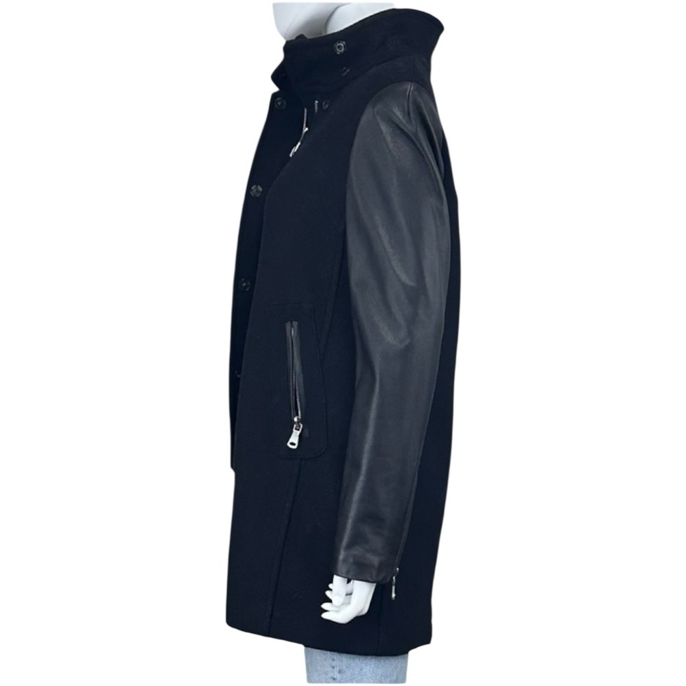 MILLY Black Wool & Leather Coat Size 6 - Picture 4 of 8